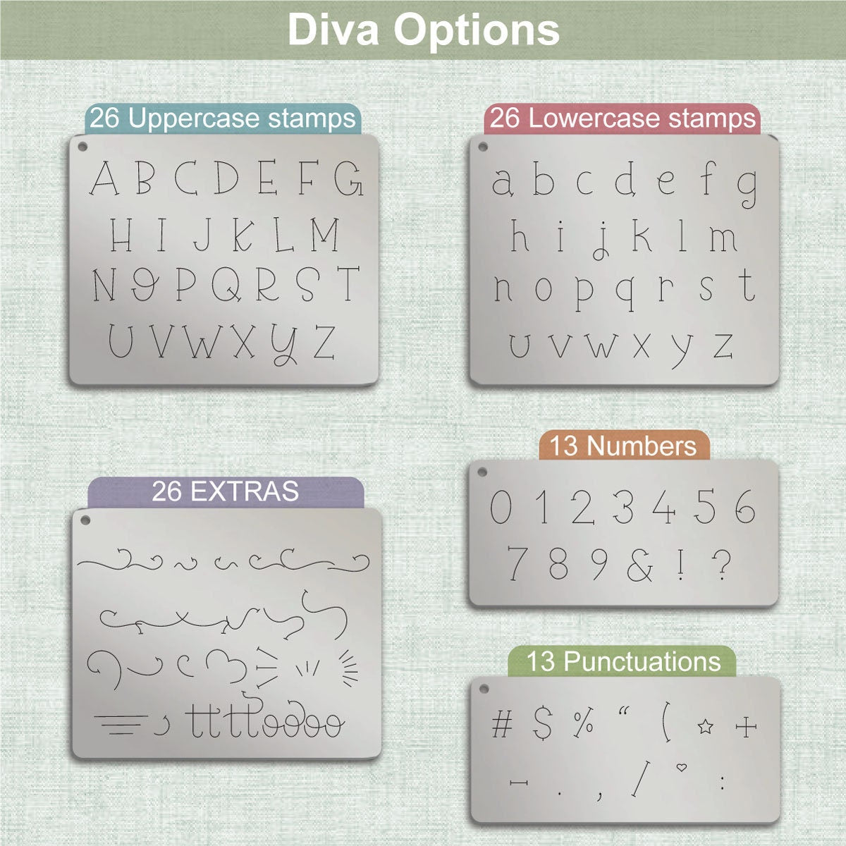 Diva Duo typeface Metal Letter Stamps, full Alphabet.