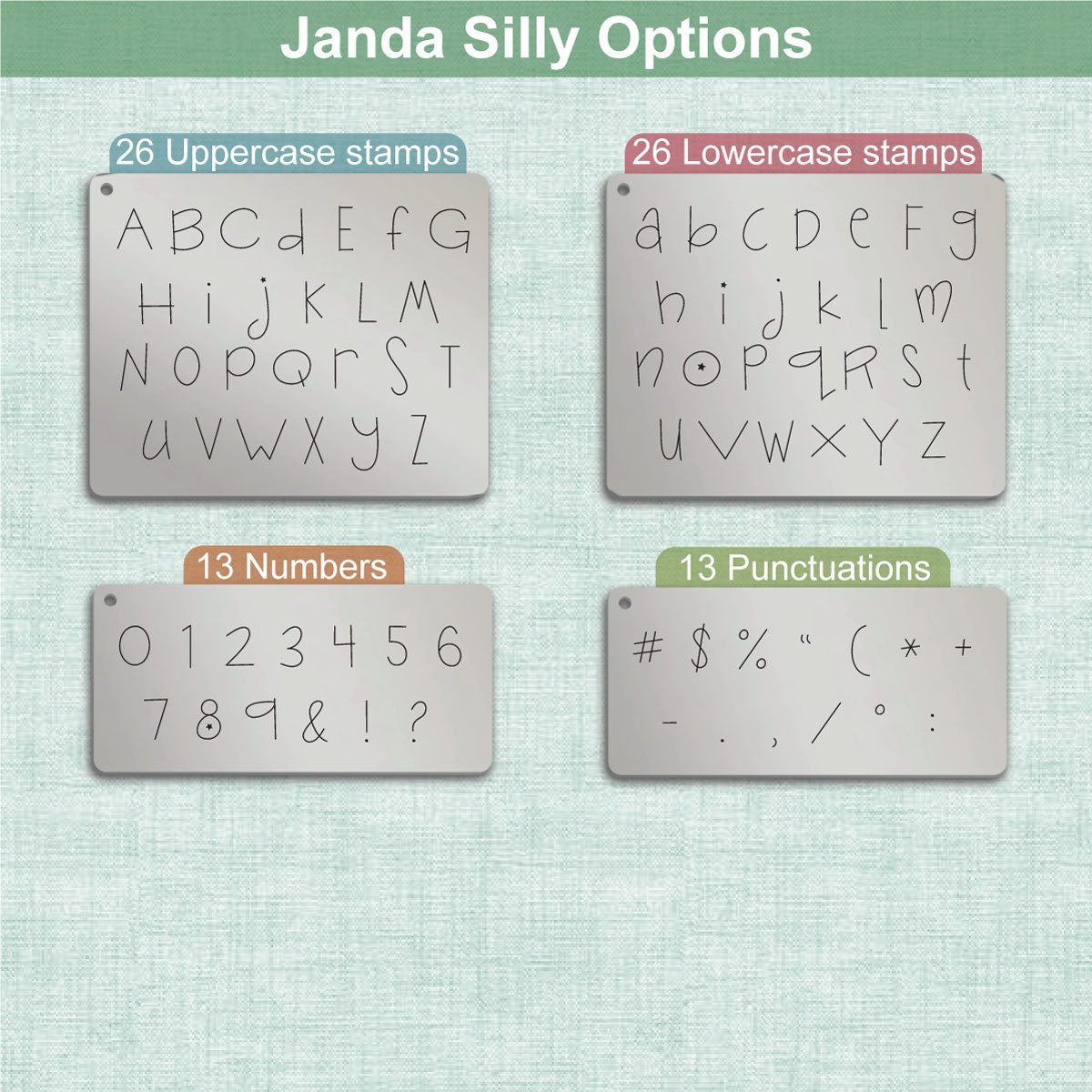 Janda Silly Metal Alphabet Stamps, full Alphabet.