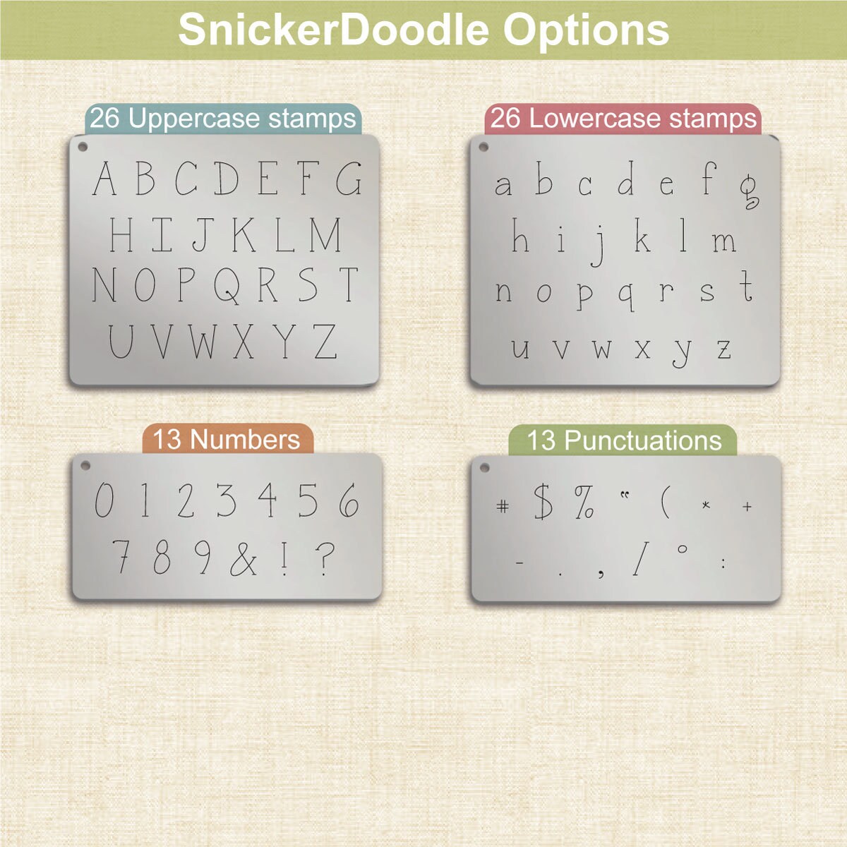 Snicker Doodle Letter Metal Stamps, full Alphabet.
