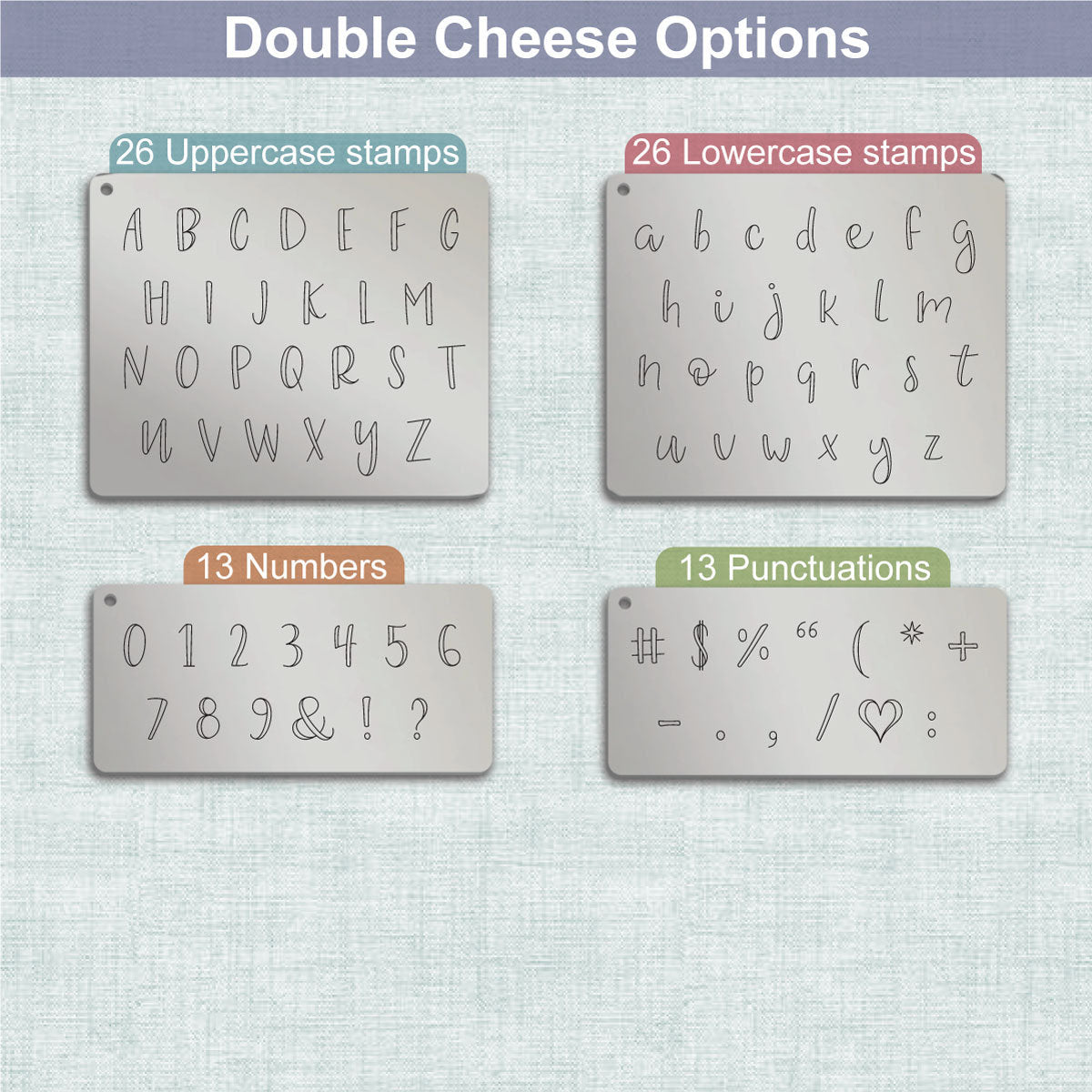Double Cheese Metal Stamps, complete Alphabet.