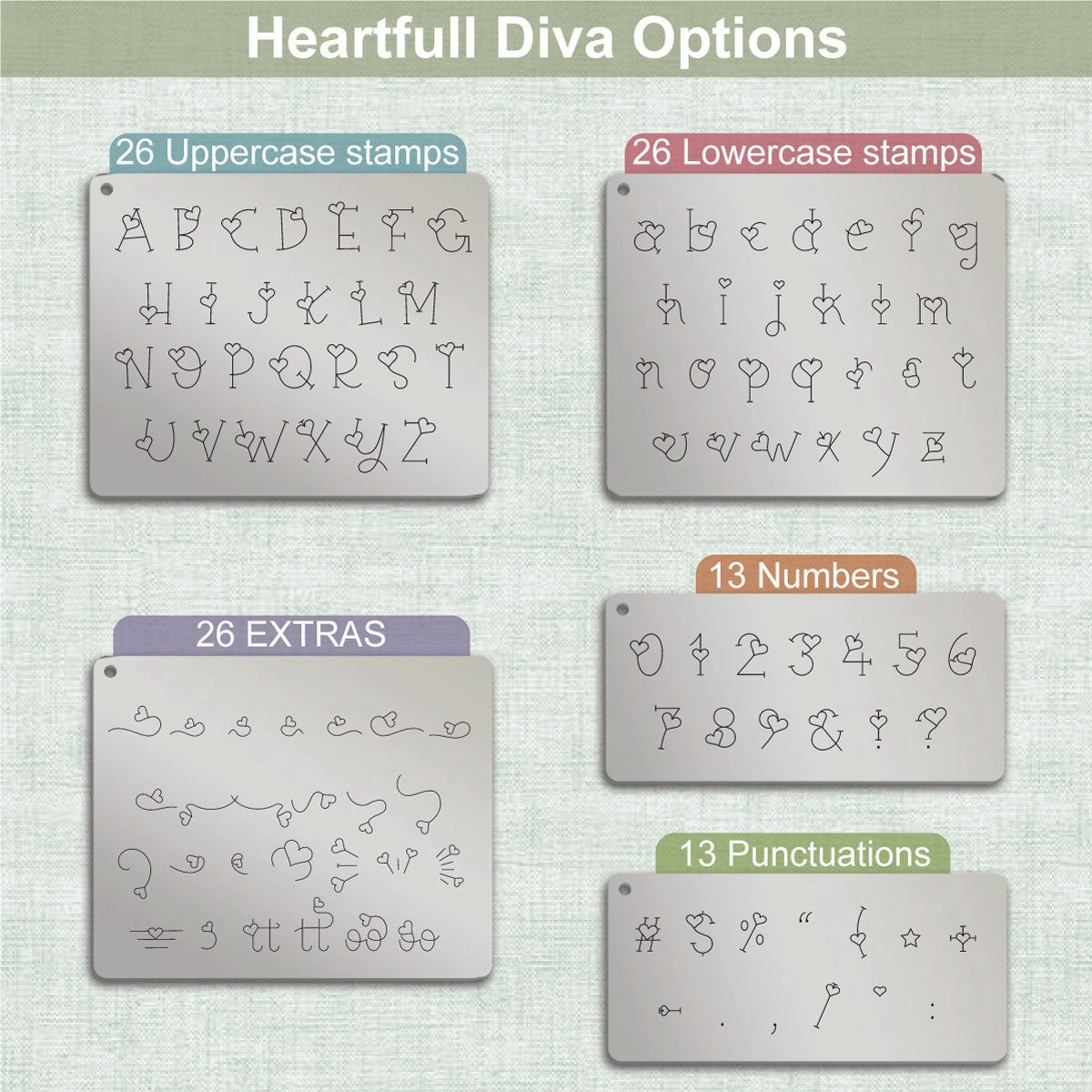 Heartful Diva Duo typeface Metal Letter Stamps, full Alphabet.