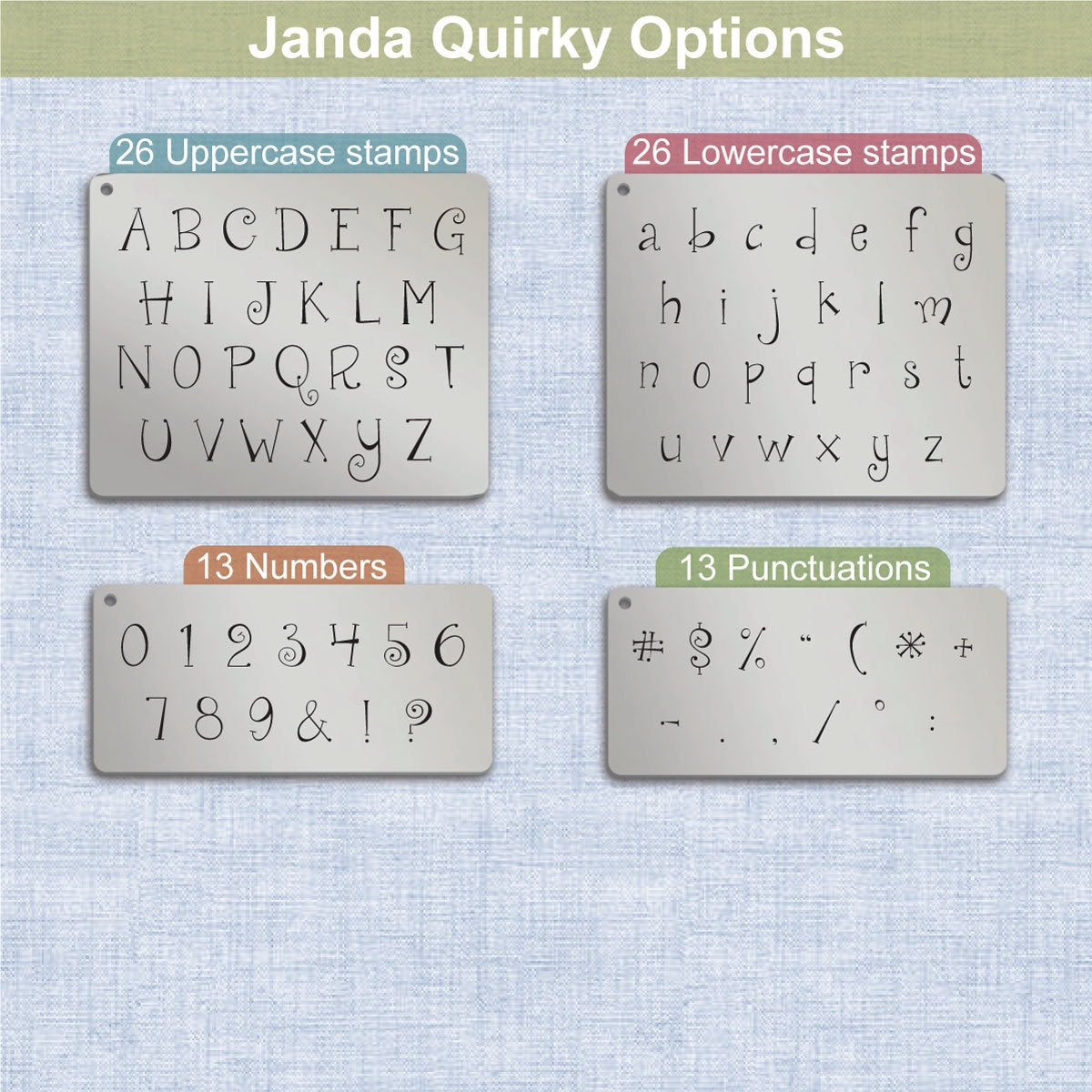 Janda Quirkygirl 金属印章,完整的字母表。