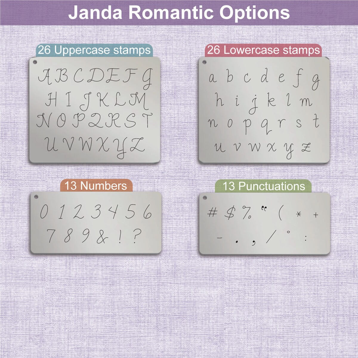 Janda浪漫金属字母邮票,完整的字母表。