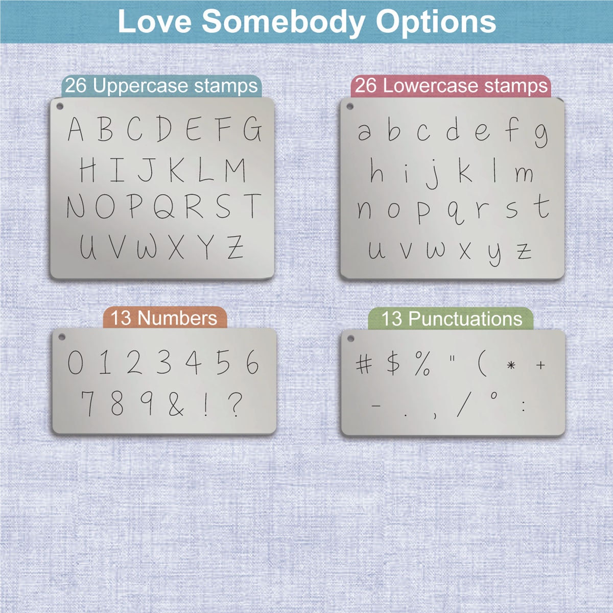 Love Somebody Metal Letter Stamps, full Alphabet.