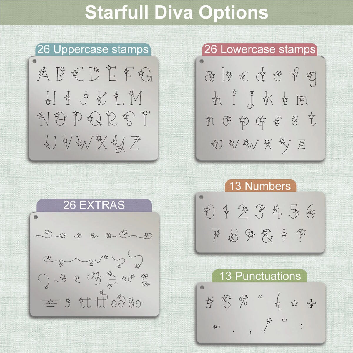 Starfull Diva Duo typeface Metal Letter Stamps, full Alphabet.