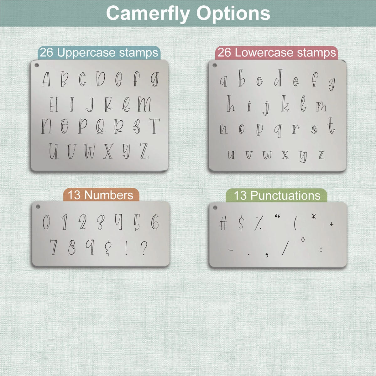 Camerfly Metallstempel, komplettes Alphabet.