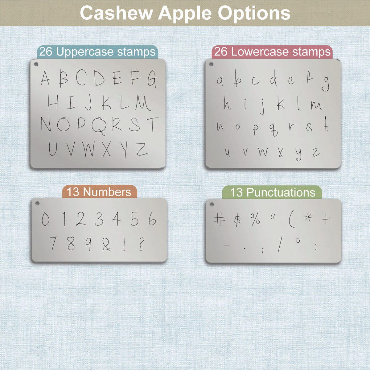 Cashew Apple Metallstempel, komplettes Alphabet.