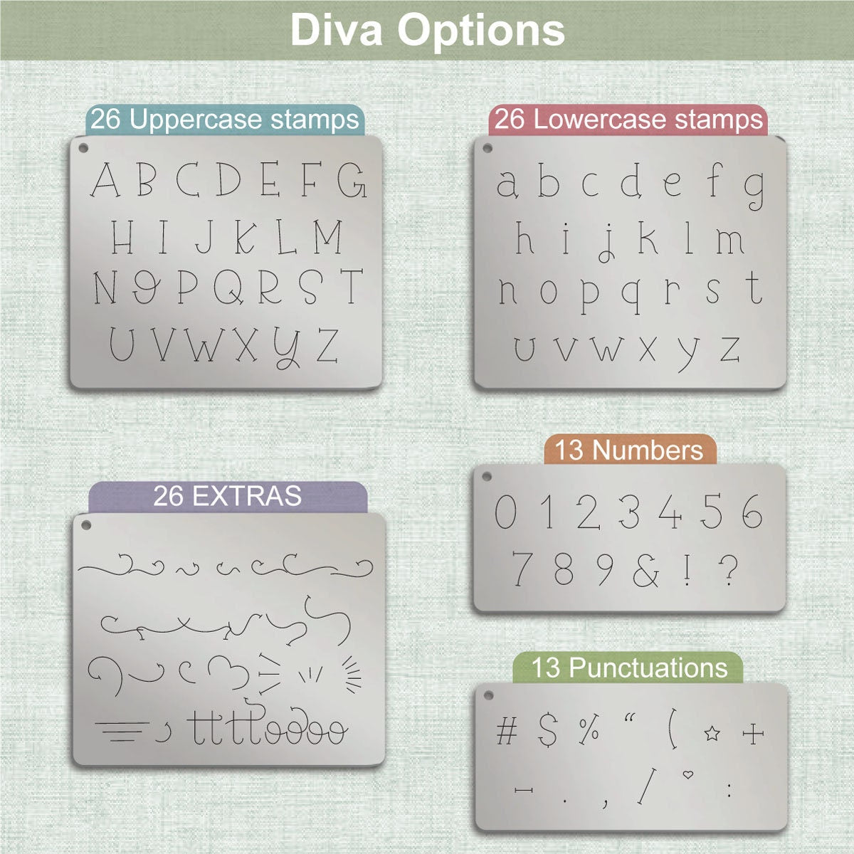 Diva Duo typeface Metal Letter Stamps, full Alphabet.