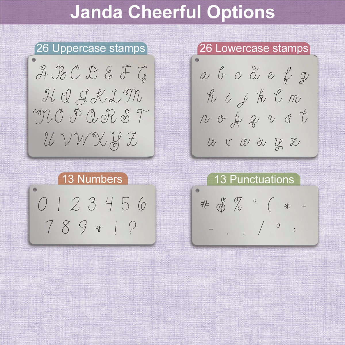 Janda欢快的金属字母邮票，完整的字母表。