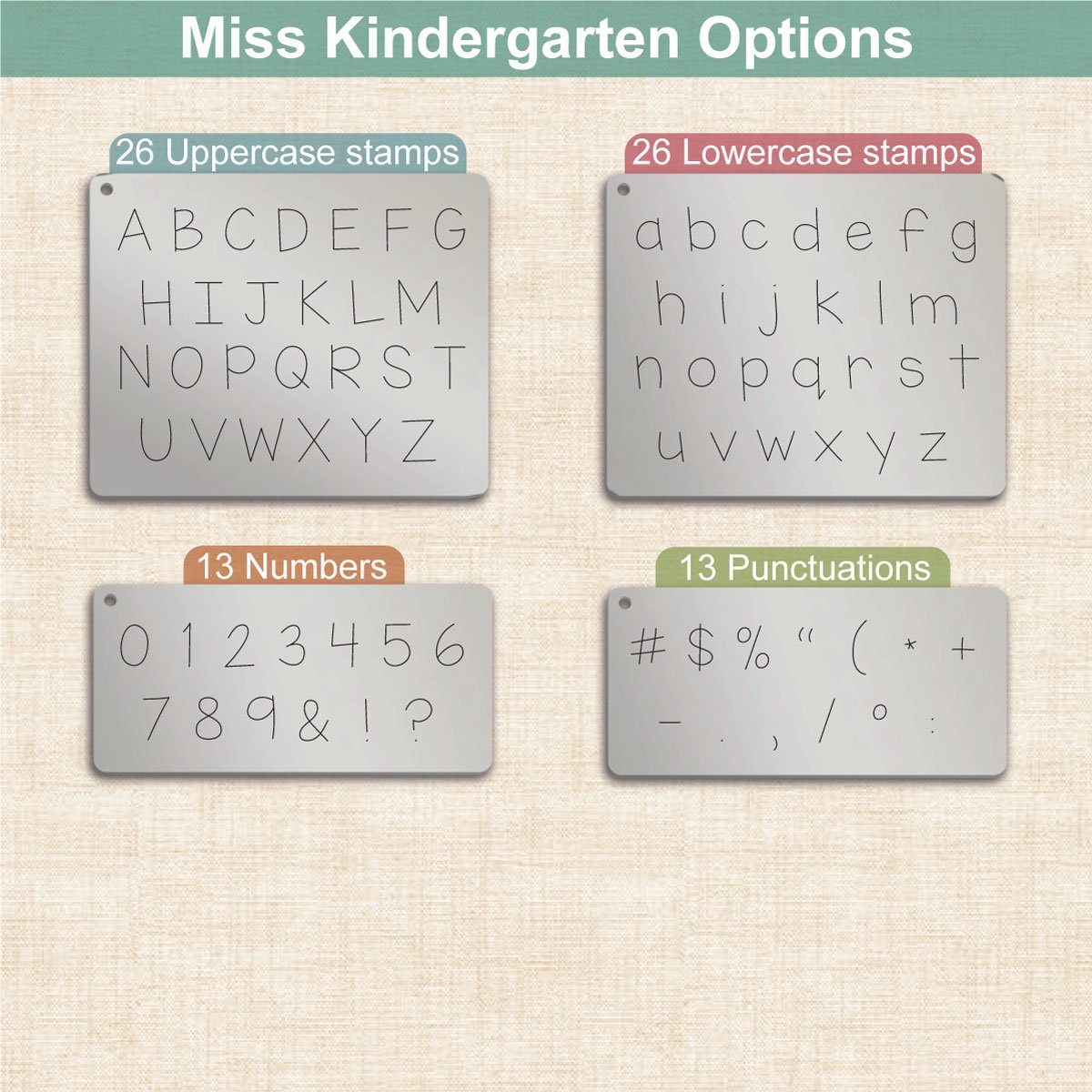 Miss Kindergarten Metal Letter Stamps, full Alphabet.