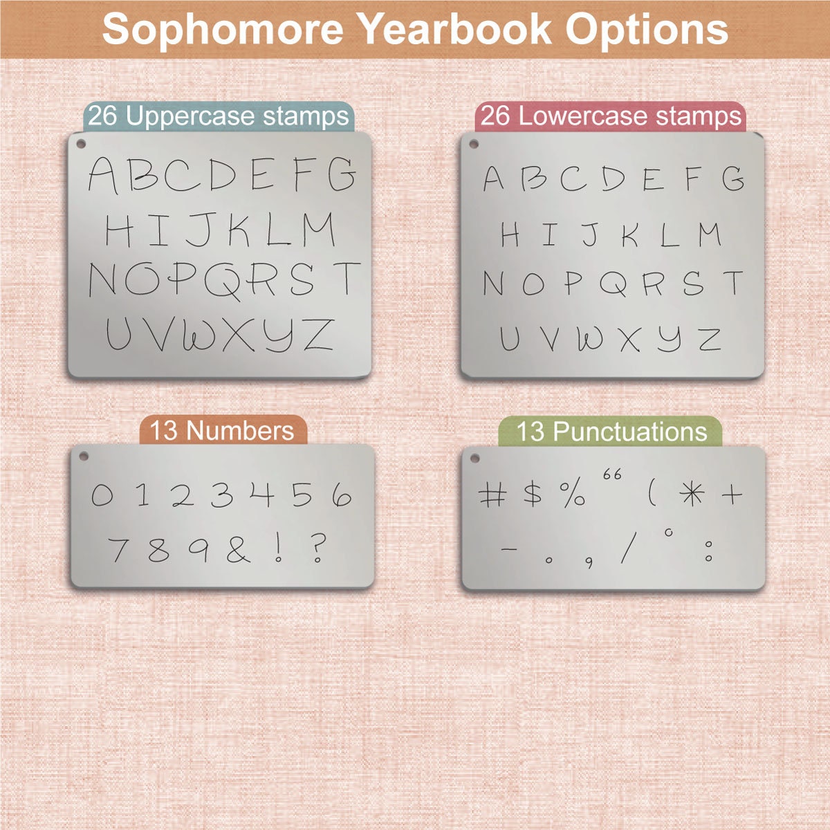 Sophomore Yearbook Letter Metal Stamps, full Alphabet.