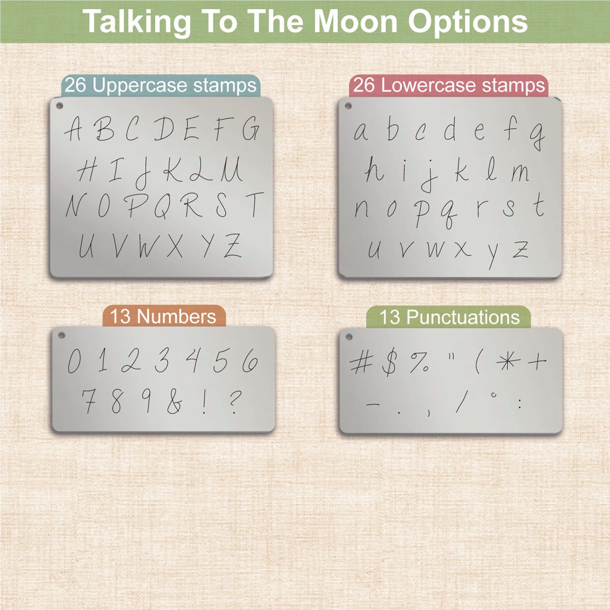 Talking To The Moon Metal Letter Stamps, full Alphabet.