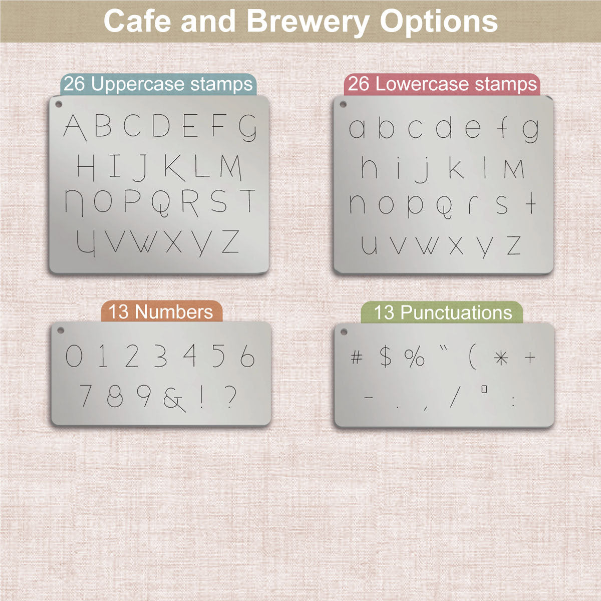 咖啡馆和啤酒厂金属字母邮票，完整的字母。