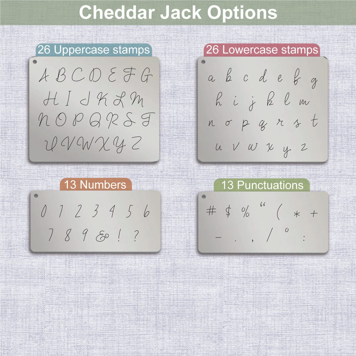 CheddarJack Metallstempel, komplettes Alphabet.